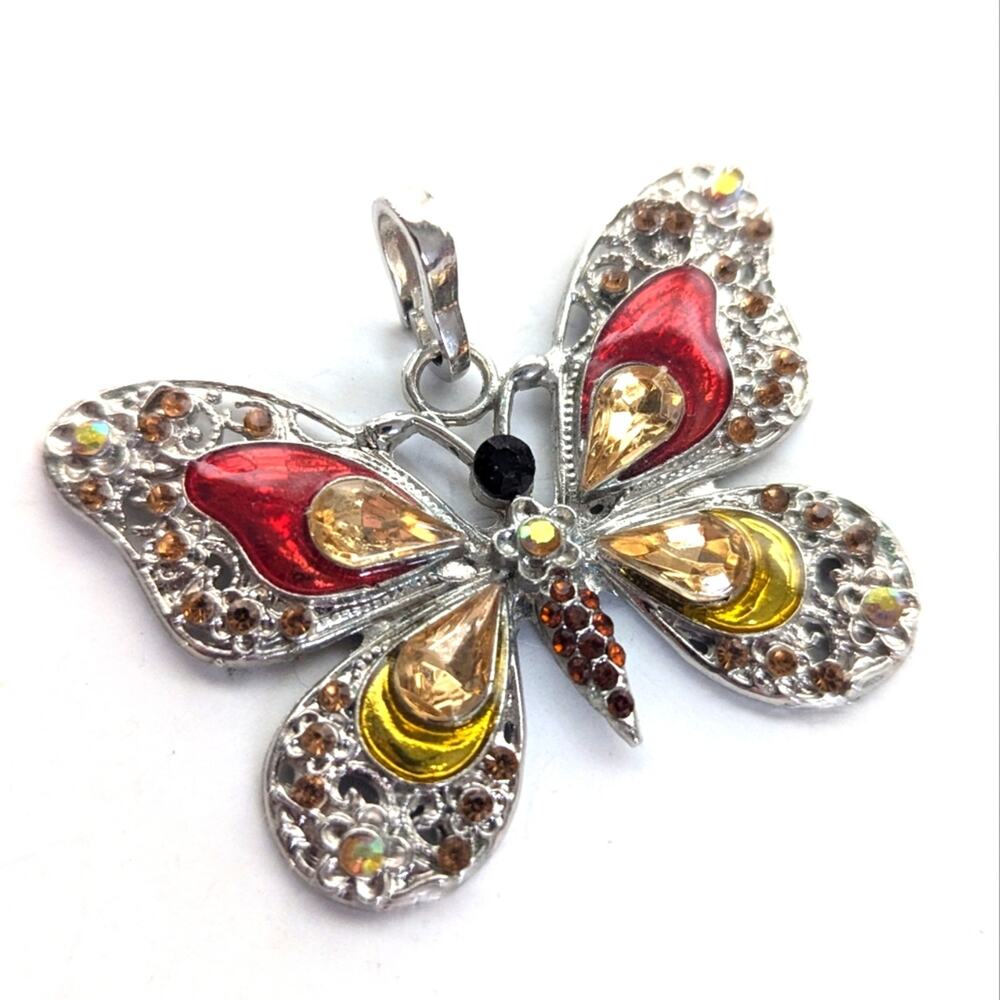 Vintage Y2K Style Silver Tone Colorful Rhinestone Enamel Butterfly Pendant